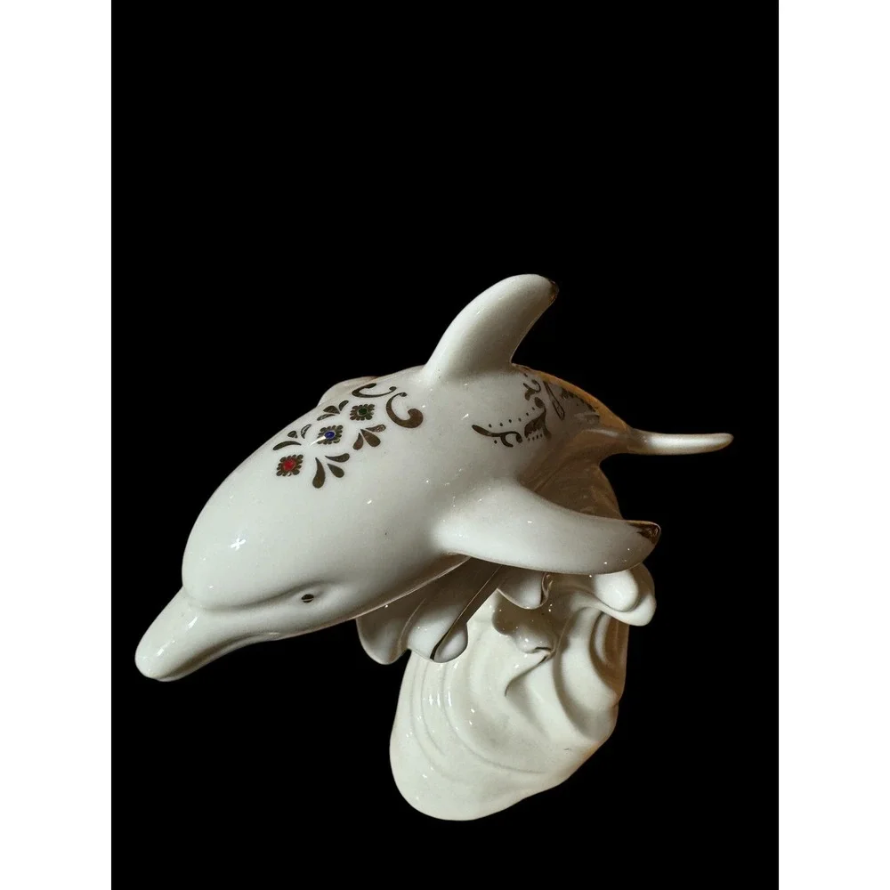 Vintage Creamy White Dolphin Figurine With Colorful Accents Design EUC